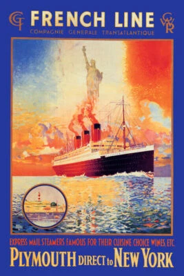 FRENCH LINE TRANSATLANTIC PLYMOUTH TO NEW YORK SHIP TRAVEL VINTAGE POSTER REPRO - Image 1 of 3
