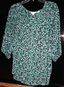 Women's LC Lauren Conrad Sheer Palm Top Blouse Tunic 3/4 Sleeves Green/Black L - Picture 1 of 6