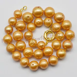 Fine Natural Huge 12-15mm South Sea Yellow Gold Round Defect Pearl Necklace 18'' - Picture 1 of 4