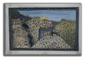 Maharajah Fateh Hunting Bears Handmade Painting on Silk 5.75 x 8.75 in "PN340" - Picture 1 of 3