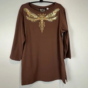 Bob Mackie Brown Dragonfly Long Sleeve T Shirt Size Medium NWT Fairycore - Picture 1 of 10