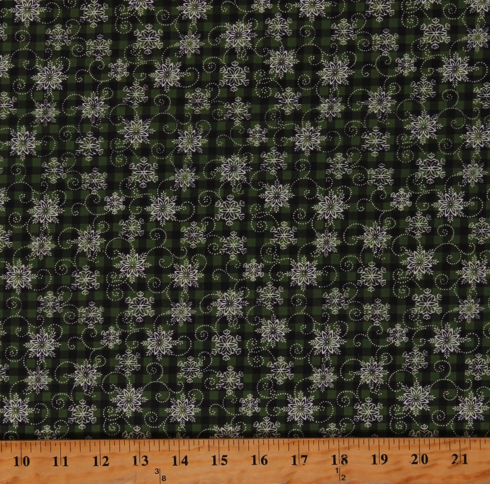 Algodón Alegría de la Temporada Cuadros Copos de Nieve Tela Verde Estampado por Yarda D408.20 Foto 1 de 1