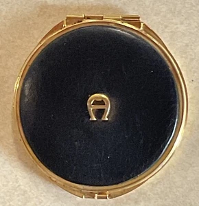 Vintage Black Leather & Gold Tone Double Mirror Hinged Compact - Picture 1 of 5