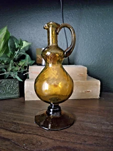 Vintage Amber Hand-Blown Glass Cruet Pitcher/Ewer with Handle – Mid-Century 8.5" - Picture 1 of 11