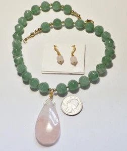 Signed Green Aventurine & Pink Rose Quartz Pendant Necklace/Earrings Set 19" NWT - Picture 1 of 4