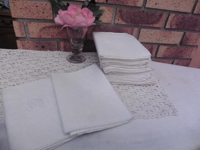 12 ANCIENNES SERVIETTES DE TABLE DAMASSE LIN ECRU"GR"OURLETS JOURS 62X76 CM - Photo 1/4