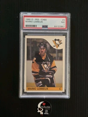 1985-86 Mario Lemieux O-Pee-Chee PSA 7 Rookie #9 Pittsburgh Penguins RC OPC - Image 1 of 2