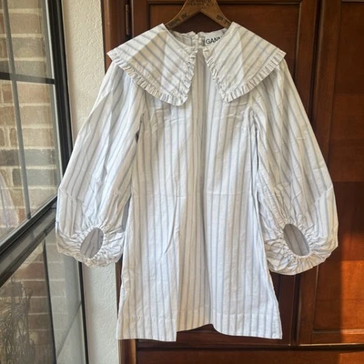 Women’s Ganni Blue And White Short Dress Stripes Size 34 Cotton Balloon Sleeves - Image 1 of 4