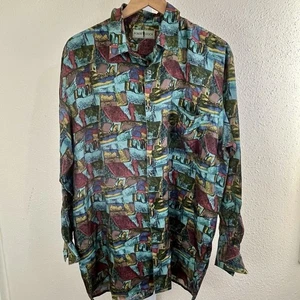 Robert Stock Vintage Silk Button Down Short Mens L Large Abstract Button Down - Picture 1 of 4