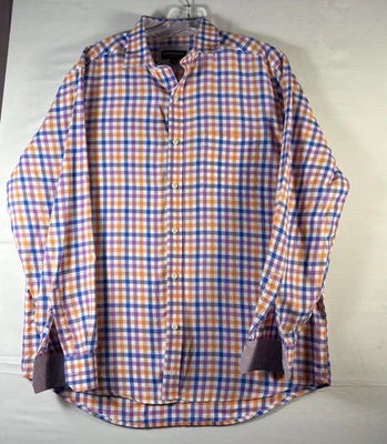 Camisa para hombre Johnson & Murphy a cuadros azul/naranja/rosa manga larga algodón grande Foto 1 de 4