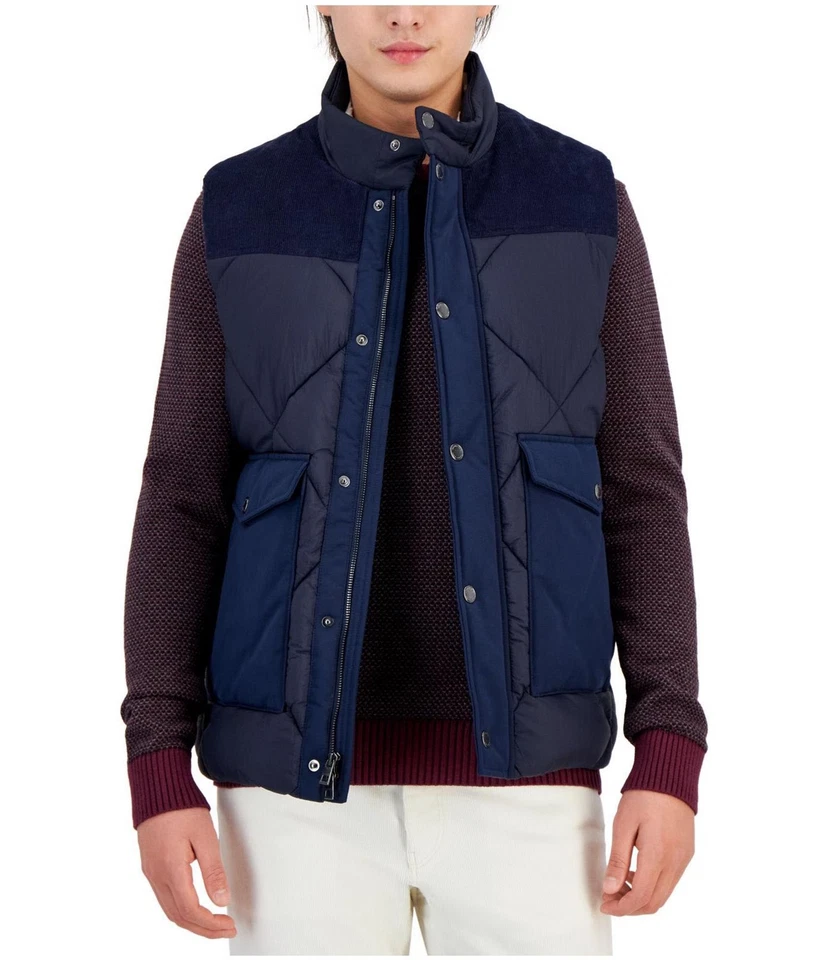 Michael Kors Mens Corduroy Trim Quilted Vest, Blue, Medium - Image 1 of 1
