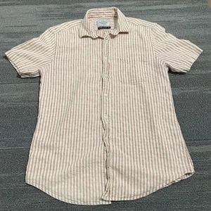 Portuguese Flannel Shirt Mens Medium Pink Camp Collar Linen Cotton Blend Striped - Picture 1 of 8