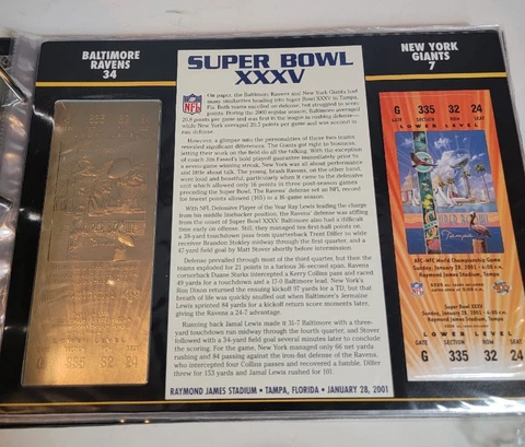 Super Bowl XXXV 22kt Gold Ticket Stub NFL Baltimore Ravens Vs New York Giants Cover