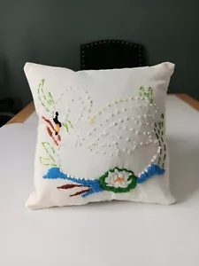 Crewel Swan In A Pond Accent Throw Pillow Needlepoint. White, Bird, Floral 8x8 - Picture 1 of 8