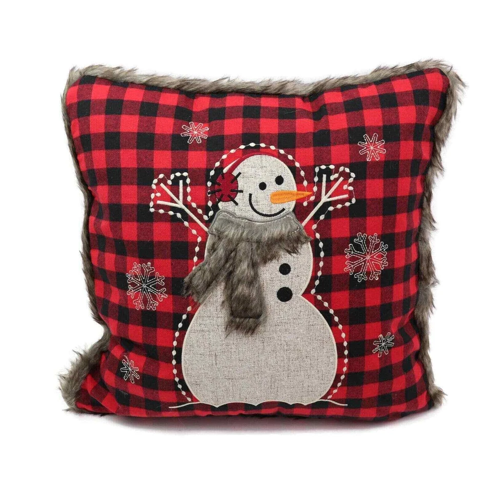 Pillow Perfect Fur Snowman Square Red/Black 18-inch Throw Red 18 x 18 - Image 1 of 3