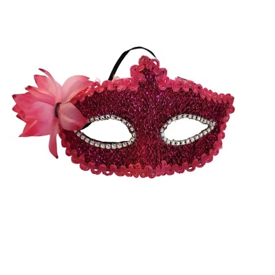 Sparkly Pink Masquerade Mask With Flower & Rhinestones - Image 1 of 3