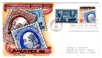 #2145 Ameripex '86 Stamp Show Ben Franklin Dorothy Knapp Hand Painted 1985 FDC - Image 1 of 2