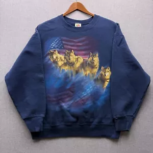 Vtg American Flag Wolf Pack Adult Mens L Navy Crewneck Sweatshirt 90s Nature - Picture 1 of 10