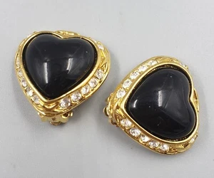 **Vtg JOAN RIVERS Gold Plated Black Rhinestone Heart Clip On Earrings** - Picture 1 of 4