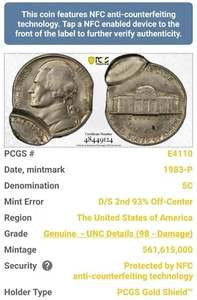 DOUBLE STRUCK 1983 P JEFFERSON NICKEL 5C ERROR 2ND STRIKE 93% OFF-CENTER T6571 - Picture 1 of 7