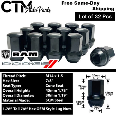 32x Tuercas negras Dodge Ram2500 Ram3500 OEM de fábrica M14x1,5 para ruedas de stock Foto 1 de 3