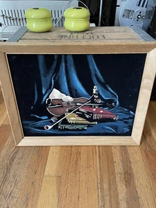 Vintage Black Velvet Painting Violin Books Pipe Liqueur Still Life Study Signed - Picture 1 of 15