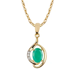 10k Yellow Gold Genuine Oval Emerald and Diamond Pendant Necklace - Picture 1 of 5