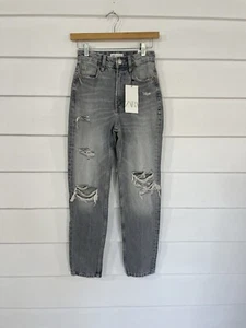 NEW ZARA WOMAN GRAY RIPPED HIGH RISE CLASSIC MOM JEANS WAIST 24" SIZE 0 Y307C - Picture 1 of 13