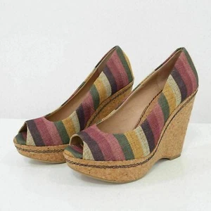 Splendid Cork Wedge Heels Pumps Womens 7 Striped Multicolor Canvas Open Toe - Picture 1 of 9