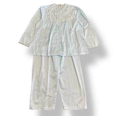 Vintage Barbizon Cuddleskin Pajama Set XL Blue Satin Lace Floral Embroidered - Image 1 of 4