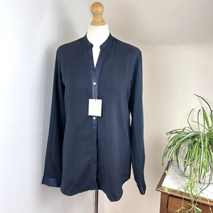 House of Bruar Satin Shirt Size 12 Navy Blue V-Neck Tab Sleeve Quiet Luxury NEW - Picture 1 of 10