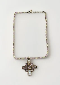 Collar Anne Klein Vintage Grueso Gema Brillante Plata Cruz MOP Verde Rosa Lucite - Imagen 1 de 12