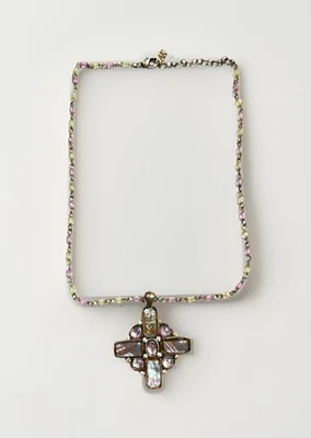 Anne Klein 复古厚重亮宝石银色十字架拖把项链绿色粉红色 Lucite — 第 1/4 张图片