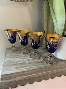 4 copas de vino Interglass Italia cristal azul cobalto oro 24K Medici 8 OZ - Imagen 1 de 13