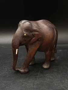Ebony Wooden Elephant 4” Statue Hand Carved Dark Solid Wood Vintage B - Picture 1 of 9