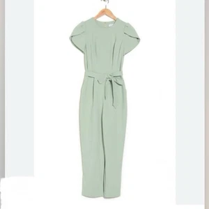 NWT Calvin Klein Sage Green Tulip Sleeve Belt Stretch Wide Leg Crop Jumpsuit 16 - Picture 1 of 9