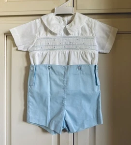Vintage Strasburg Heirloom Collection Blue Shorts White Shirt w/Smocking Size 2T - Picture 1 of 8