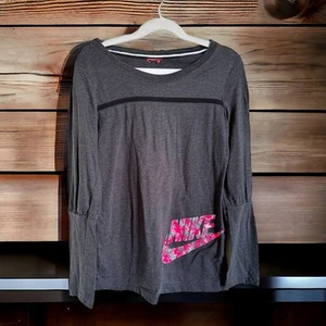 Nike Girls Top Sz M Gray Pink Camouflage Logo Activewear Long Sleeve - Picture 1 of 5