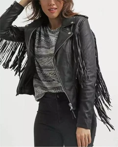 Women's Fringe Style Leather Jacket Western Black Jacket - Picture 1 of 4