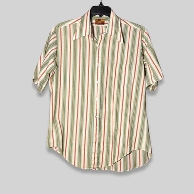 Van Heusen Vanopress Button Down Shirt Green Short Sleeve Striped Multicolor M S - Image 1 of 4