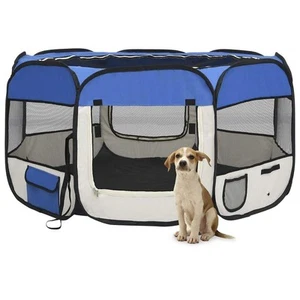 vidaXL Dog Playpen Blue Polyester Medium Collapsible Dog Playpen - Picture 1 of 12