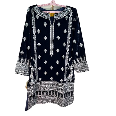 Vestido paquistaní de terciopelo bordado Threads & Motif de colección talla M azul nuevo con etiquetas Foto 1 de 4