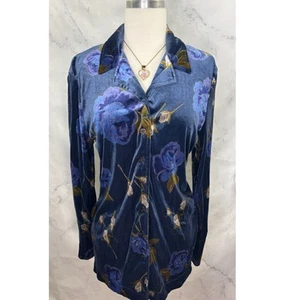 Vintage Y2k Velvet Blue Floral Button Up Blouse M Fairy Grunge Whimsigoth 90s - Picture 1 of 13