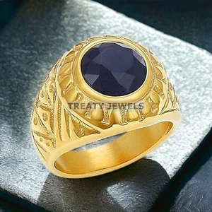 Blue Sapphire Round Cut With 925 Sterling Silver Gold Plated Ring For Men #407 - Picture 1 of 6
