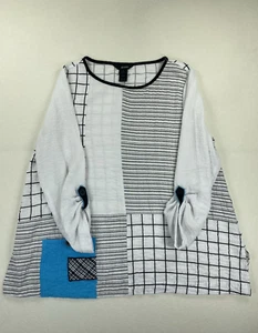 Ali Miles Sz M White Blue Wearable Art Unique Abstract Blouse Shirt Top Tunic - Picture 1 of 13