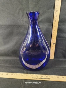 Vintage Teardrop Cobalt Blue Glass Bottle Vase Handmade Blown - Picture 1 of 3