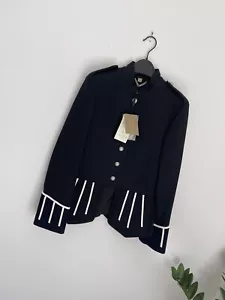 BURBERRY Navy Blue White Cord 100% Wool Military Jacket Size 2 NWT - Picture 1 of 9