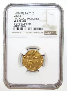 1688 - 94 Italia Oro 1 Zecchino Venecia Francisco Morosini NGC XF DETALLES - Imagen 1 de 4