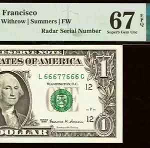 1999 $1 FRN PMG Superb Gem 67EPQ - Top Pop - Fancy Radar Serial Number 66677666 - Picture 1 of 4