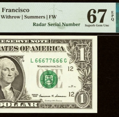1999 $1 FRN PMG Superb Gem 67EPQ - Top Pop - Fancy Radar Serial Number 66677666 - Image 1 of 4